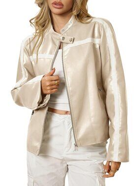 Women's Apricot Faux Oversized Motorcycle Bomber Coats Fashion Outfits Jacket